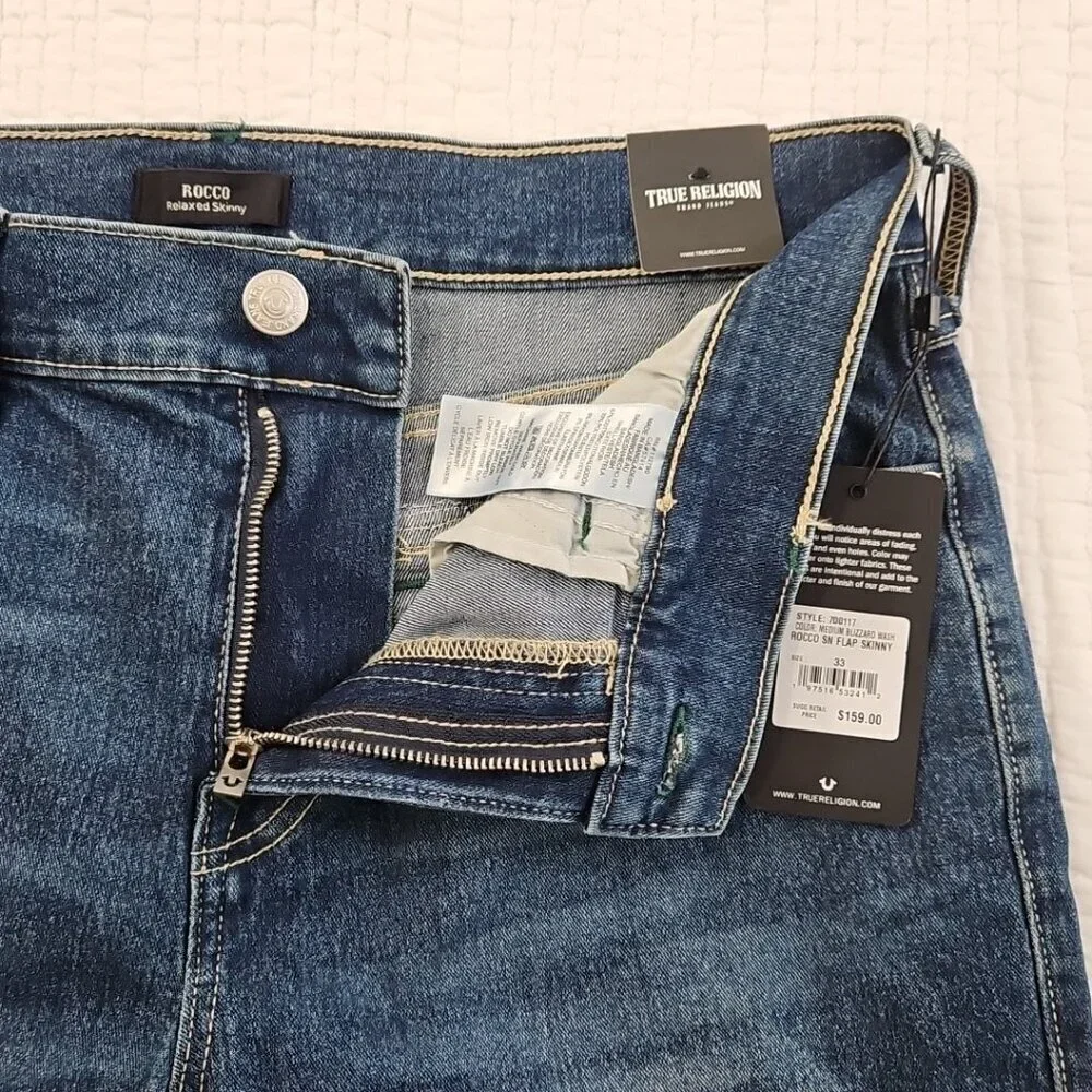 True Religion Rocco Jeans Men's 33x32 NWT Flap Pockets Green Contrast Stitch NEW